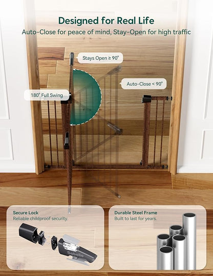 Mom's Choice Award Winner-BABELIO 26-40" Metal Baby Gate with Black Wood Pattern, PressGuard C5 Easy Install Pressure Mounted Dog Gate for Stairs and Doorways, with Wall Protectors and Extension Kits
