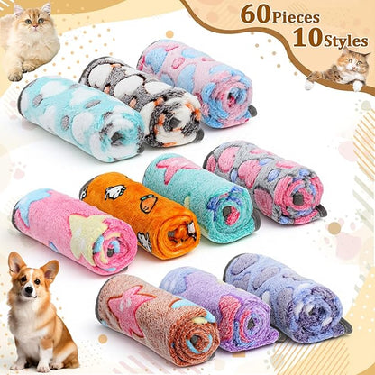 60 Pcs Puppy Blanket Bulk Soft Fluffy Flannel Pets Fleece Blankets for Small Dogs Throw Warm Bed Washable Sleep Mat Bed for Shelter Stray Dog Puppy Cat, 16x24 Inches