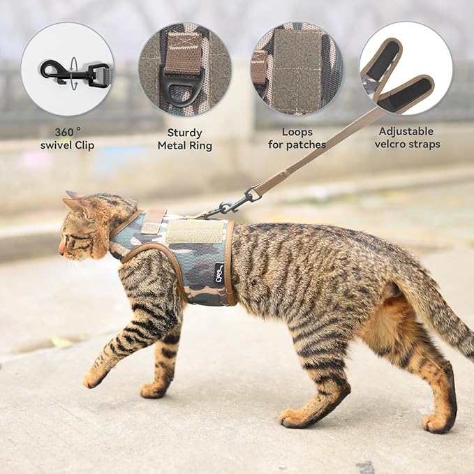 Tactical Cat Harness and Leash for Walking Escape Proof Breathable Mesh Fabric, Green Jungle Camo, X-Large, Adjustable Cat Walking Jackets, Padded Stylish Cat Vest