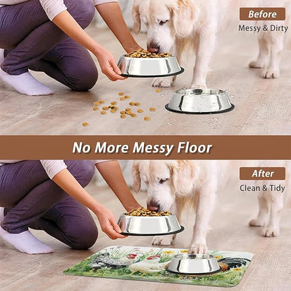 Chicken Rooster Dog Food Mat for Floors,Farm FlowerAbsorbent Pet Food and Water Bowl Mats,Non-Slip Pet Feeding Mat,Pet Supplies 12" x 20"