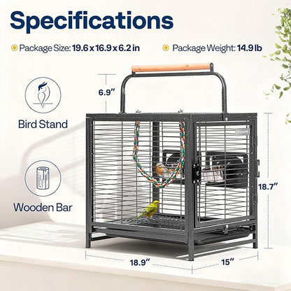 VIVOHOME 19 Inch Wrought Iron Bird Travel Carrier Cage for Parrots Conures Lovebird Cockatiel Parakeets Black