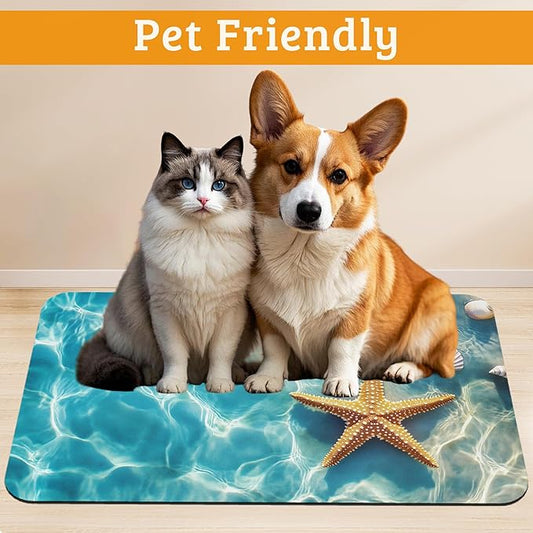 Starfish Shells Dog Cat Food Mat,Sea Beach Absorbent Waterproof Placemat for Food and Water Non Slip Rubber Backing Durable Feeding Pad for Clean Floors 16" x 24"