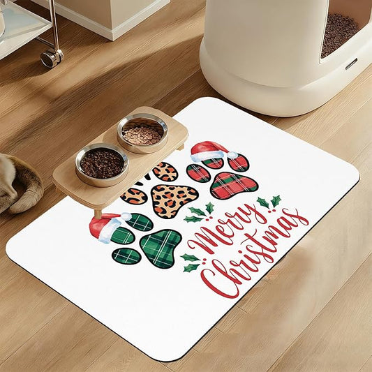 Dog Christmas Dog Food Mat–Christmas Stocking Absorbent Quick Dry Feeding Placemat for Food and Water Bowls, Non Slip Rubber Backing, Waterproof Pet Supplies for Mess-Free Eating 16"x24"