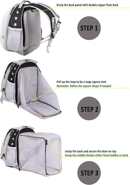 Square Back Extension Pet Backpack Carrier for Cat and Small Puppy up to 12 Pounds, Clear Space Capsule Astronaut Transparent Bubble Window Backpack to Carry and Transport Cat to Vet and Traveling