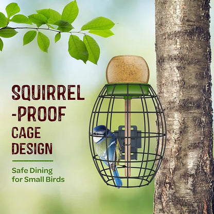 LONA Squirrel Proof Bird Feeding Cage for Outdoor, All-Weather Metal Caged Bird Feeder with Peanut Butter Jar Holder, Trapeze Stick, Chew-Proof Feeding Cage for Small Birds (Oval Cage, 1 Feeding Unit)