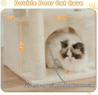 Heybly Cat Tree, Kitten Tower with Large Soft Cat Basket, Cat Condo with Spacious Cat Bed Cave with Hidden Space, Sisal-Covered Scratching Posts, Dangling Ball for Indoor Cats, Beige HCT008SM