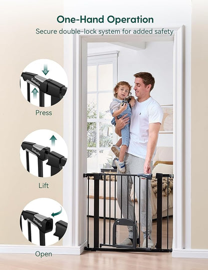 Babelio Upgraded Baby Gate with Cat Door, 29-43" Auto Close Durable Dog Gate for Stairs, Doorways and House, Easy Walk Thru Safety Gate with Pet Door Includes 4 Wall Cups, Black