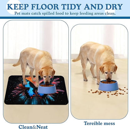 Blue Butterfly on Blooming Pet Feeding Mat–Christmas Stocking Quick Dry Absorbent Dog Cat Food Mat, Non Slip Waterproof Bowl Placemat for Messy Eaters, Pet Accessories for Floors 16"x24"