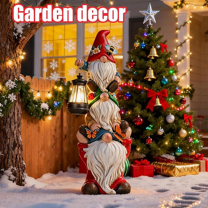 17 in Large Garden Gnome Statue with Solar Lights Sculptures Funny Triple Big Gnome Outdoor Patio Lawn Yard Balcony Garden Home Decor Gifts for Women Mom