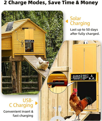2025 Upgrade 7W Solar Power Chicken Door, Pet Deluxe Automatic Chicken Coop Door with 10PCS Wire Clip, Timer, Light Sensor, LCD Display & Anti-Pinch Durable Aluminum Auto Coop Door with 4 Modes-Gold