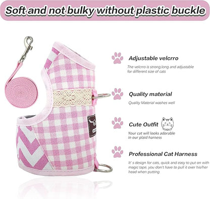 Cat Harness and Leash for Walking Escape Proof, Adjustable Cat Vest Harness, Padded Stylish Cat Walking Jackets, Pink Plaid, Medium