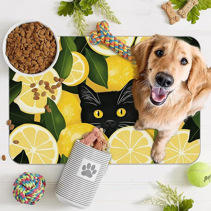 Black Cat Funny Dog Food Mat for Floors,Lemon Absorbent Pet Food and Water Bowl Mats,Non-Slip Pet Feeding Mat,Pet Supplies 16" x 24"