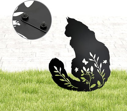 Maine Coon Cat Garden Stake - Elegant Black Cat Statue with Floral Design for Outdoor Decor, Pet Memorial Gifts, and Yard Art, Decorative Metal Cats Grave Markers for Lawn and Garden, Cats Lover Gifts
