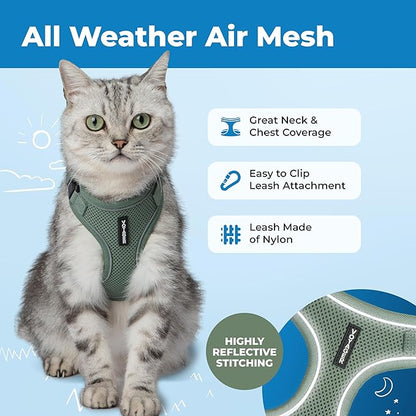 Voyager Escape-Proof Step-in Lock Cat Harness & 5ft Neoprene-Handle Leash Set All-Weather Mesh with Reflective Stitching for Small to Large Cats by Best Pet Supplies, Moss Green (327), M