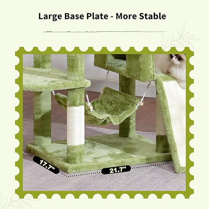 Cat Tree for Indoor Cats, 71'' (180cm) Multi-Level Cat Tower for Large Adult, Sturdy Cat Tree House with 2 Scratching Boards 7 Posts, 2 Plush Perches/Condos, Hammock, Green GCT032GR