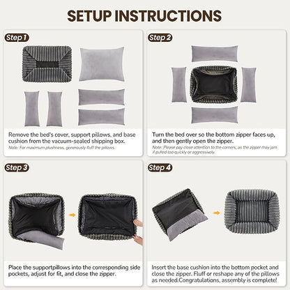 Washable Dog Bed for Small Medium Dogs - Rectangle Orthopedic Corduroy Fleece Pet Bed with Removable Cover and Nonskid Bottom, Calming Puppy Bed Soft Pet Sofa, Grey(20x19x6inchs)