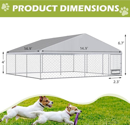 15FTx15FT Outdoor Dog Kennel with Roof, Outside Dog Run Fence with Rotated Dog Bowls, Large Dog House Pen Enclosure with Secure Lock&Textilene Door