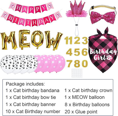 Cat Birthday Party Supplies, Cat Birthday Hat Crown with Number Bandana Bow Tie Banner Balloons Meow Balloons for Cats Kittens Decorations