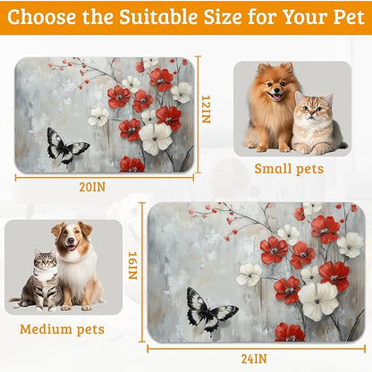 ButterflyFlowers Dog Cat Food Mat,Red White Absorbent Waterproof Placemat for Food and Water Non Slip Rubber Backing Durable Feeding Pad for Clean Floors 12" x 20"