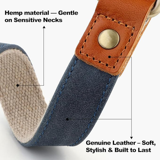 Plutus Pet Genuine Leather & Hemp Dog Collar – Adjustable Heavy Duty Pet Collar with Quick Release Metal Buckle, Soft & Stylish for Puppy and Small, Medium, Large Dogs (Blue, M)