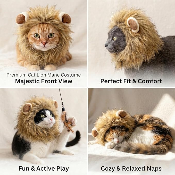 Adjustable Lion Mane Wig Pet Costume, Soft Halloween Cat Clothing with Secure Fit, Comfortable Feline Apparel for Parties, Fun Photo Sessions with Adorable Cat Costumes (Size S)