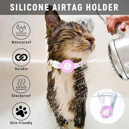 Airtag Cat Collar, JXFUKAL Kitten Collar Breakaway with Silicone Airtag Holder, Bells & Flower Charm for Girl Cats Boy Cats Small Dogs(Purple)
