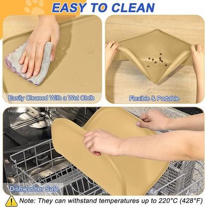Silicone Pet Feeding Mat with Raised Edge for Food and Water, Dog Bowl Mats, Cat Bowls Placemat with High Lip for Floor Waterproof, Rubber Tray for Cats and Dogs 19 x 12 x0.7 Dark Beige