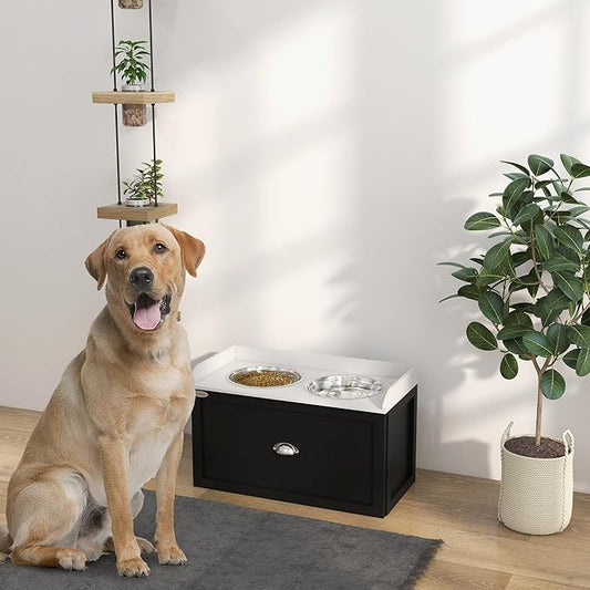 PawHut Dog Feeding Station with Storage Drawer, Elevated Dog Bowls for Large Dogs, White and Black