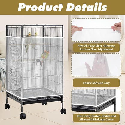 White Bird Cage Seed Catcher Adjustable Soft Birdcage Cover Reusable Nylon Mesh Birdcage Net Lightweight Skirt Seed Guard for Parrot Cage Stop Scatter Breathable Round Square Canary