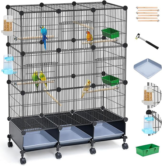 Encrypted Bird Cage (46" x 36" x 12"), with Wooden Perches, Metal Parakeet Cage with Slide-Out Tray, Water Bottle&Feeder, Bird Cages for Parrot,Parakeets,Cockatiel,Small Mid-Sized Birds