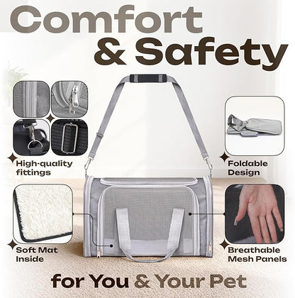 Pet Carrier for Cats, Rabbits, Guinea Pigs – Airline Approved Soft-Sided Travel Bag, Lightweight Dog Carrier, Ventilated & Foldable (Grey, Medium)