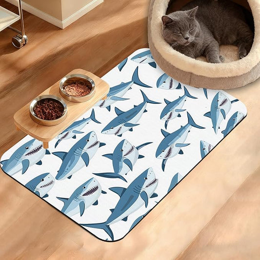 Shark Dog Food Mat,Wild Fish Absorbent Pet Feeding Mat for Food and Water Bowl,Quick Dry Dog Placemat Non Slip Rubber Backing Waterproof Pet Supplies 16" x 24"