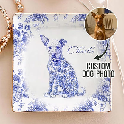 Custom Puppy Portrait Jewelry Dish, Toile De Jouy Pet Ring Dish, Personalized Dog Photo Present, Pet Mom Gift, Pet Lover Trinket Dish, Decorative Trinket Tray for Pet Lovers Home Decor
