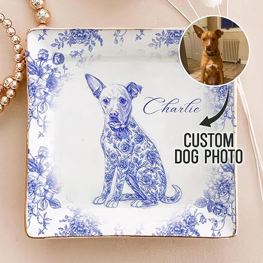 Custom Puppy Portrait Jewelry Dish, Toile De Jouy Pet Ring Dish, Personalized Dog Photo Present, Pet Mom Gift, Pet Lover Trinket Dish, Decorative Trinket Tray for Pet Lovers Home Decor