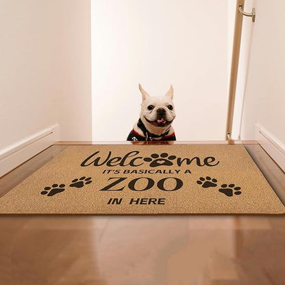 Funny Pet Welcome Door Mats, It's Basically a Zoo in Here Door Mat for Home Outside Entryway, Outdoor Pet Lover Owner Gift, Artificial Coir Doormat Rugs for Patio Kitchen Decor, 17x30 Inch