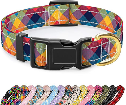 Reflective Dog Collar for Small Dogs, Cute Boho Adjustable Heavy-Duty Nylon Puppy Collar for Boy and Girl Female, Soft Pet Accessories with Quick Release Buckle, Colorful Tartan