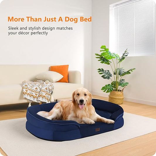 Dwanton Orthopedic Dog Bed for Large Dogs with Gel Memory Foam, Waterproof Dog Sofa, Washable Pet Bed with Four Sided Bolster Cushion, Removable Cover & Non-Slip Bottom, 42", Navy Blue