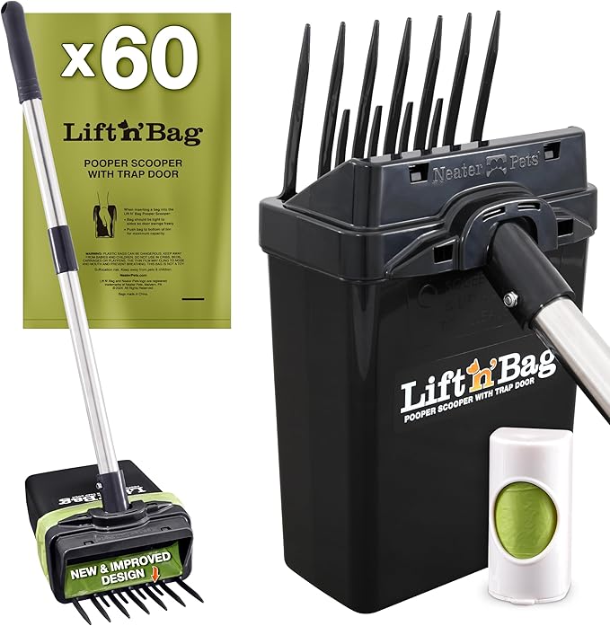 Neater Pet Brands Lift N’ Bag 2.0 Dog Pooper Scooper with Bag Attachment & 22" Pole for Small to Large Dogs, New & Improved Design, 60 Refill Bags, Heavy Duty Dog Poop Scooper for Yard, One-Hand Use