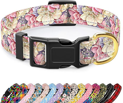 Reflective Dog Collar for Medium Dogs, Cute Flower Theme Adjustable Heavy-Duty Nylon Puppy Collar for Boy and Girl Female, Soft Pet Accessories with Quick Release Buckle, Colorful Floral