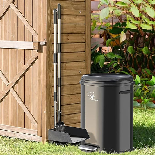 Dog Poop Trash Can Outside, Waste Bin with Lid and Removable Inner,Metal Rake Pooper Scooper, Odor Control for Indoor/Outdoor Dog Waste for Bathroom,Kitchen