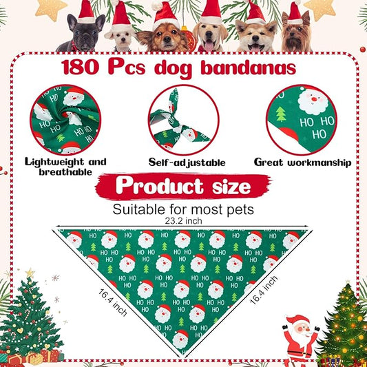 Aliceset 180 Pcs Christmas Dog Bandanas Bulk Christmas Bandanas for Dogs Adjustable Washable Pet Triangle Scarf Cute Kerchief Scarves for Pet Xmas Party Costume Accessories Decorations