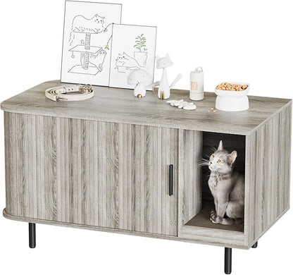 Cat Litter Box Enclosure with Cat Scratch Pad, Sliding Door, 37.4" Litter Box Enclosure Furniture Hidden Litter Box, Modern Indoor Cat House, TV Stand, Side End Table for Living Room, Grey