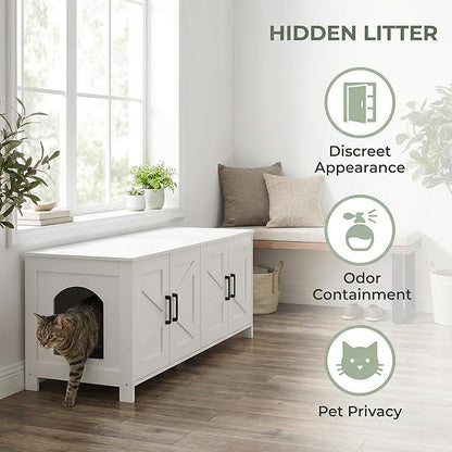 Homhedy Cat Litter Box Enclosure For 2 cats, Litter Box Furniture Hidden with Double Room,Wooden Cat Washroom Furniture,Cat House,47.2”L x 19.7”W x 19.7”H,White
