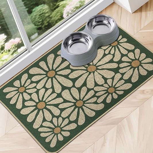 SHIYUE Dog Food Mats for Floors, Absorbent Cat Bowl for Food and Water, Non-Slip Accessories Pet Supplies(16"x24",Forest Green Flower)