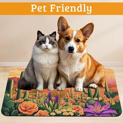 Pet Feeding Mat,Cactus Absorbent Dog Cat Food Mat Desert Dog Mat with Rubber Backing,Non-Slip Water Bowl Placemat,Pet Supplies 16" x 24"