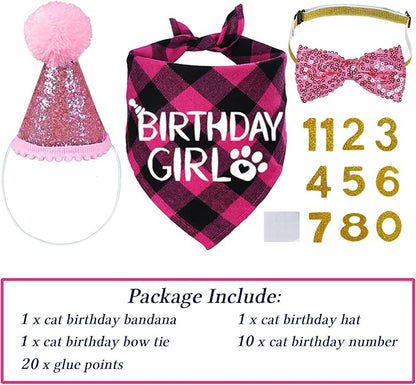 STMK Cat Birthday Decorations, Cat Birthday Hat with Numbers Bandana Bow Tie Collar for Cats Kittens Birthday Outfits (Pink)