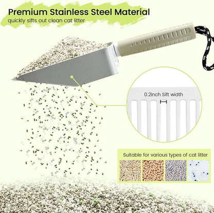 Metal Cat Litter Scooper with Holder, Stainless Steel Metal Litter Scoop Includes Portable Small Broom and Dustpan Set, Speed Sifter Cat Litter Scoop Captures All Clumps, Non-Slip Handle, Easy Clean