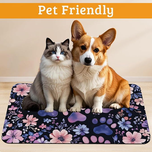 Paw Print Dog Food Mat,Watercolor Flower Absorbent Pet Feeding Mat for Food and Water Bowl,Quick Dry Dog Placemat Non Slip Rubber Backing Waterproof Pet Supplies 16" x 24"