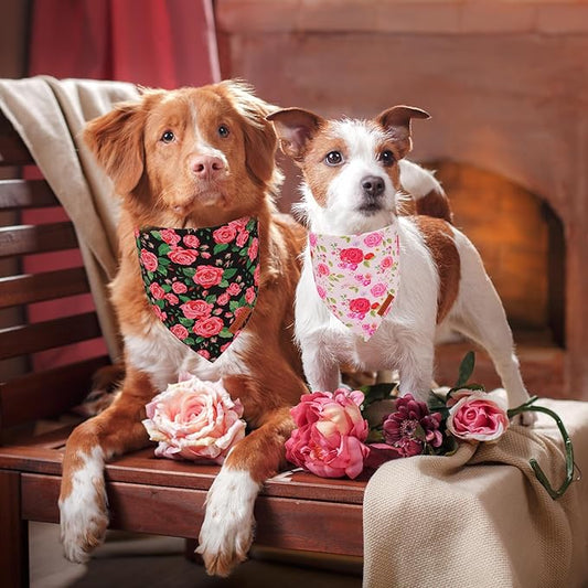 ADOGGYGO Floral Dog Bandana 2 Pack, Reversible Red Pink Rose Puppy Scarf Bib, Adjustable Fit Cute Floral Bandanas for Small Dogs Pets (Small)