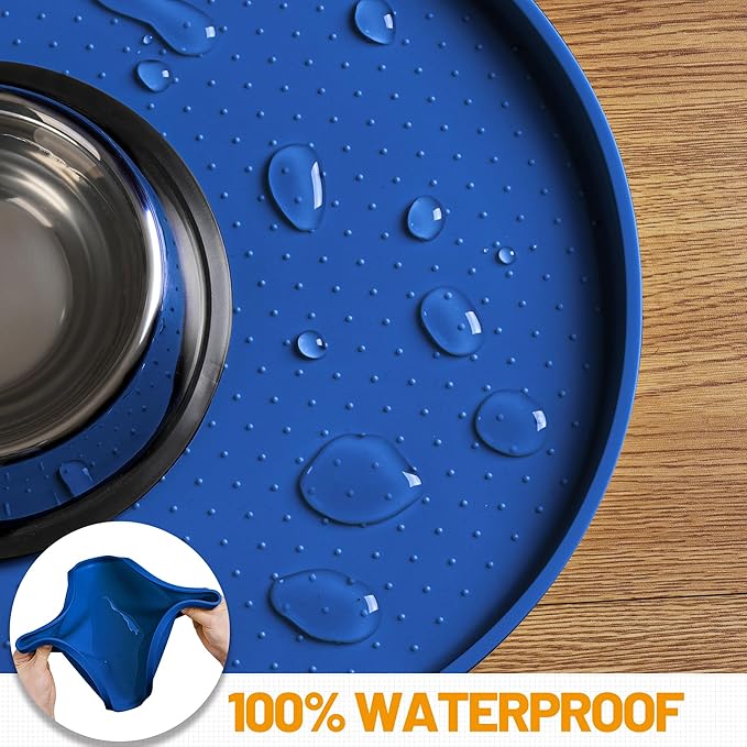 Hubulk 100% Waterproof Silicone Pet Feeding Mat with Raised Edge for Food and Water, Dog Bowl Mats, Cat Bowls Placemat with High Lip Protects Floor for Cats and Dogs (Navy Blue, 19" L x 12" W)